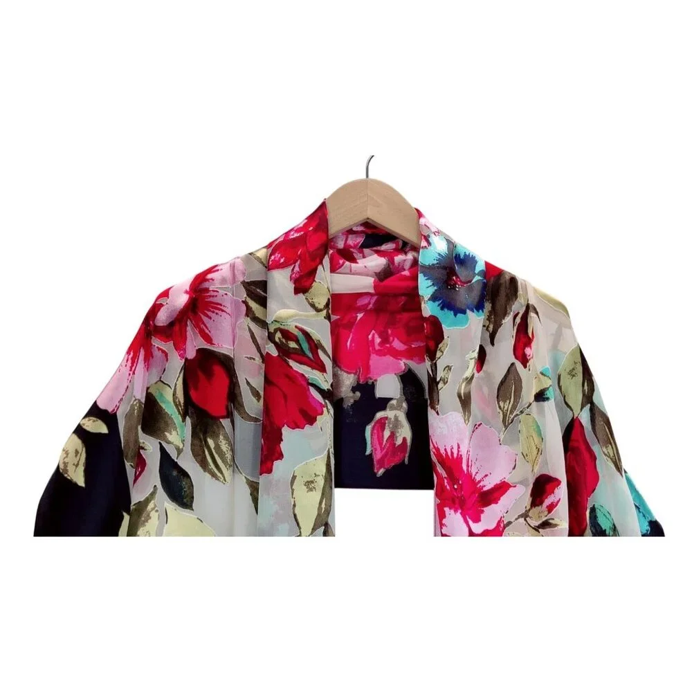Scarf Floral Pink Blue XIIX SilkLike 72"x20" Rectangle Roses Dahlia Heads Garden - Picture 4 of 10